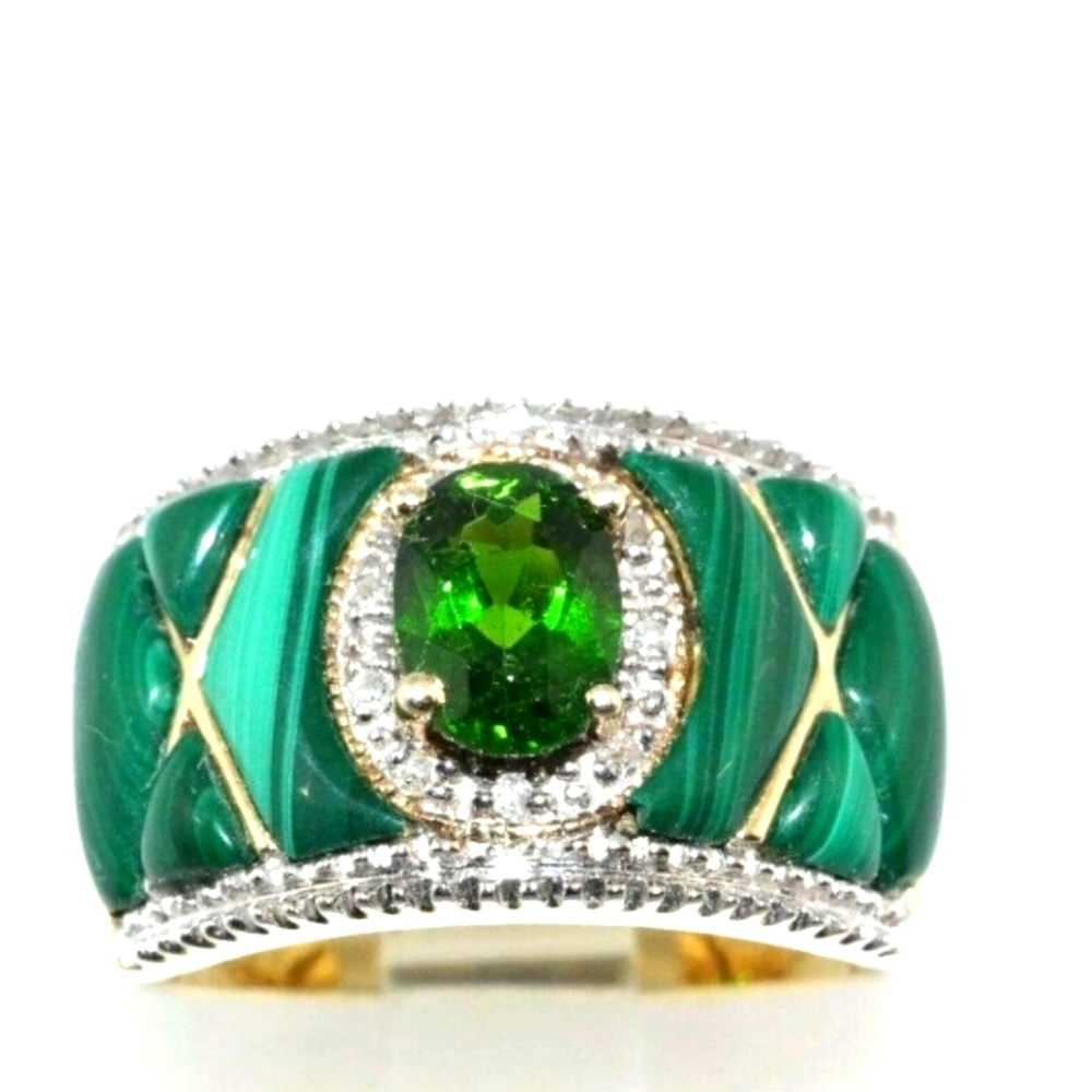 Vintage Genuine Malachite & Green Crome Diopsides. Vermeil Size 8